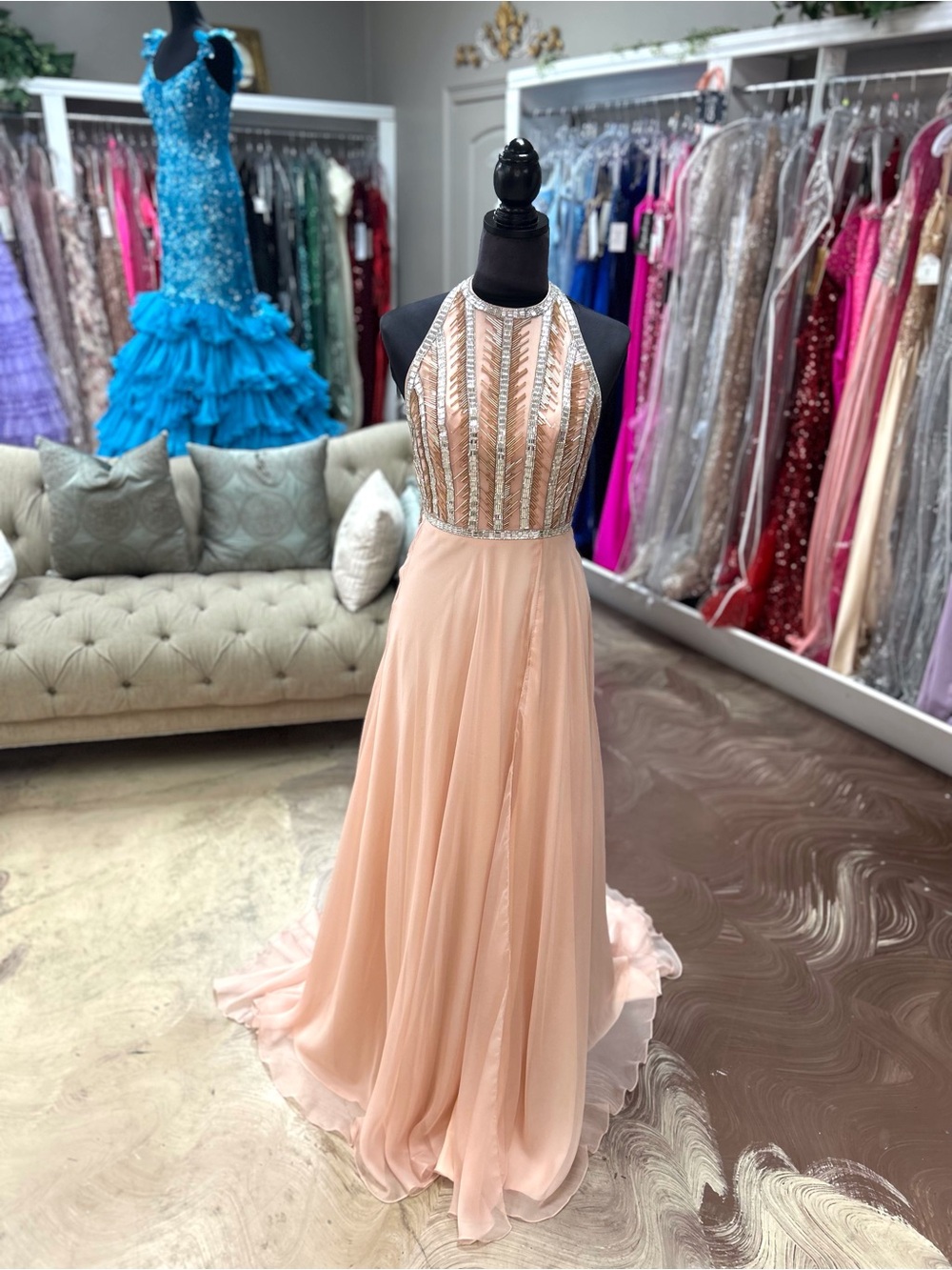 Halter Peach Prom Gown with Beaded Bodice